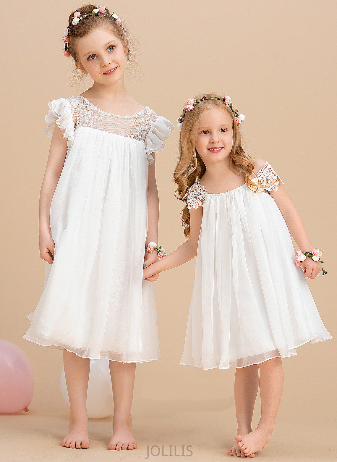 Flower Girl Chiffon With Flower Girl Dresses A-Line/Princess Adelaide Neck - Dress Sleeveless Scoop Tea-length Lace