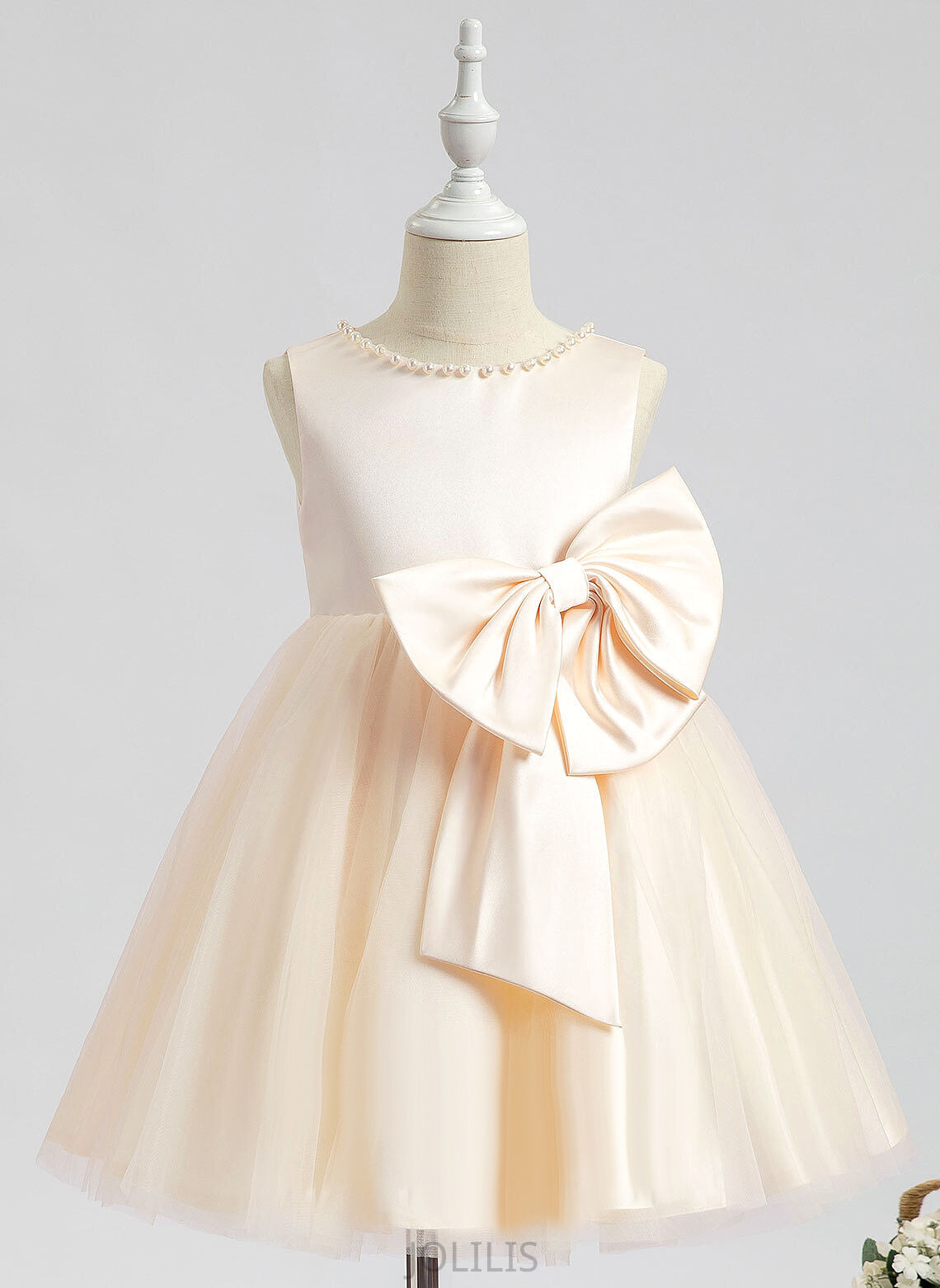 Beading/Bow(s) Girl Neck Sleeveless Knee-length Flower Dress A-Line Kelsie Satin With Flower Girl Dresses - Scalloped