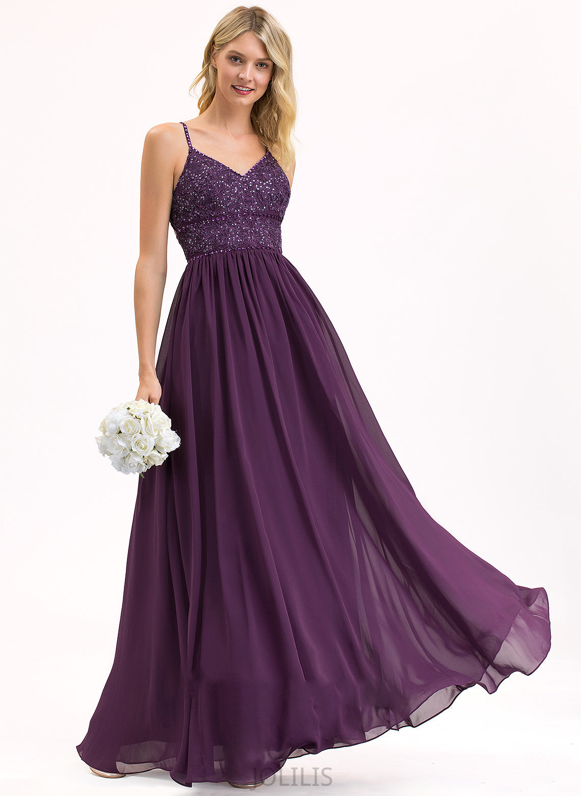 Chiffon Sequins Floor-Length V-neck Violet With Prom Dresses Lace A-Line Beading