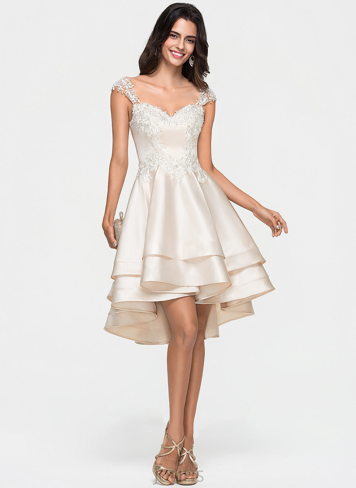 With Prom Dresses Asymmetrical Sweetheart Beading Cascading Satin A-Line Ruffles Lace Mya