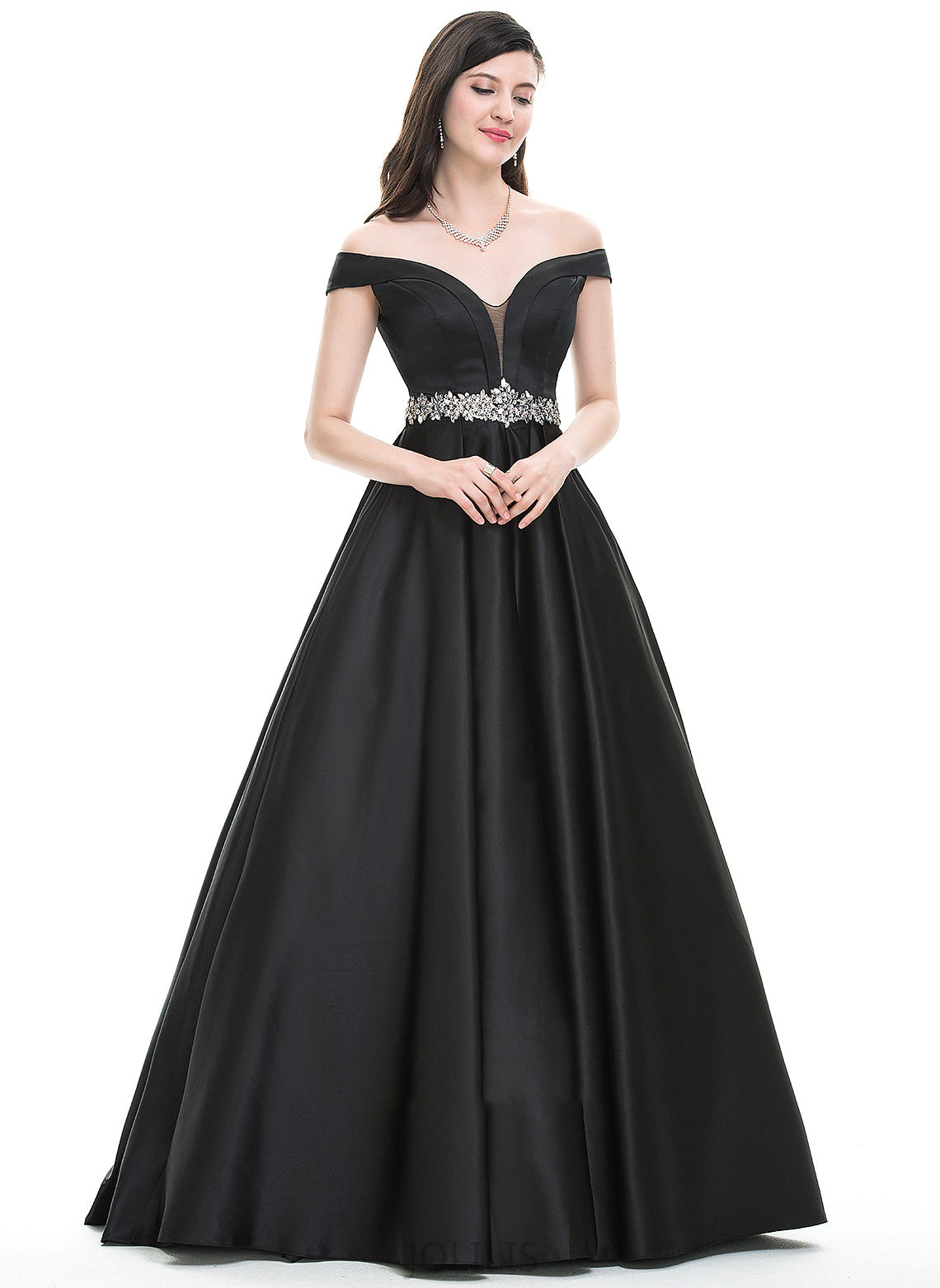 Satin Floor-Length Angie Ball-Gown/Princess With Prom Dresses Off-the-Shoulder Beading