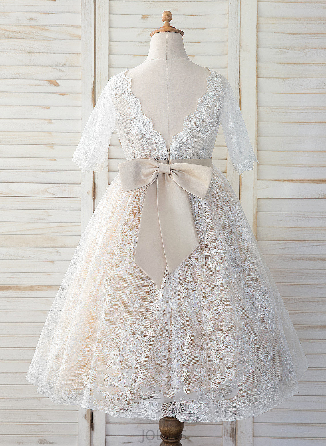 Bow(s) With Flower Girl Dresses Amya Scoop - Girl Dress Neck Tea-length 3/4 Sleeves Flower Tulle/Lace A-Line