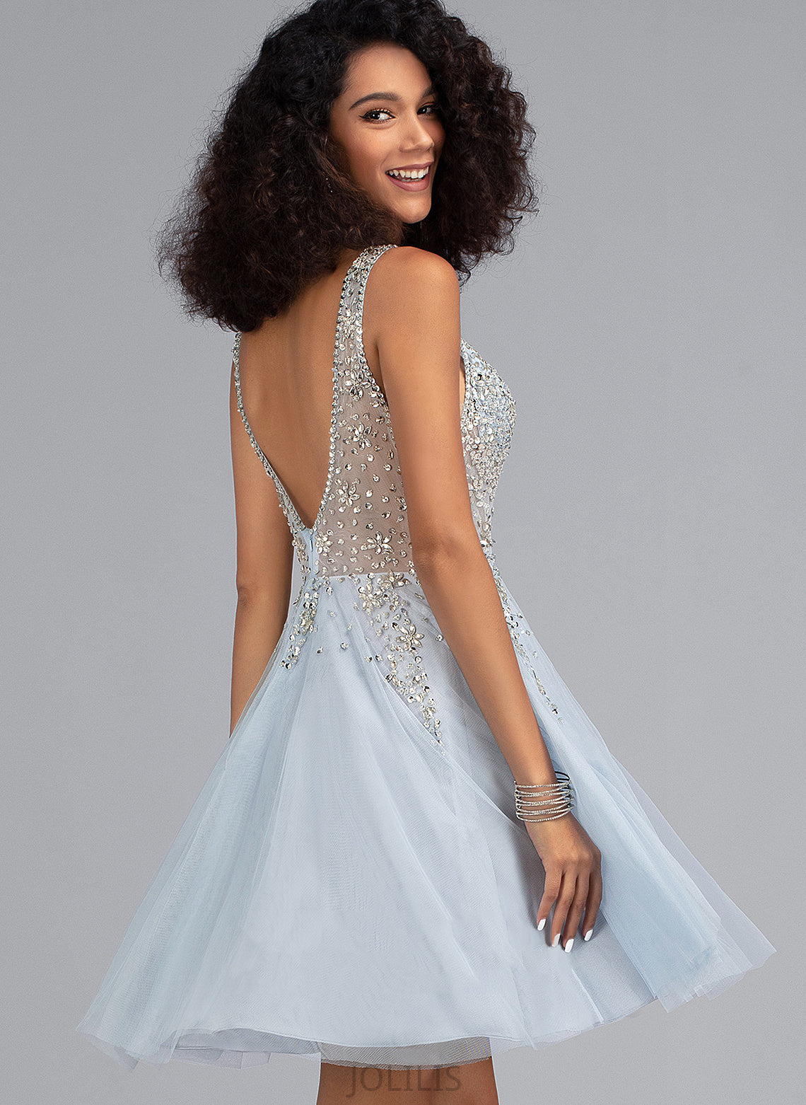 Homecoming Dresses Tulle V-neck A-Line Dress Sequins Beading Short/Mini June With Homecoming