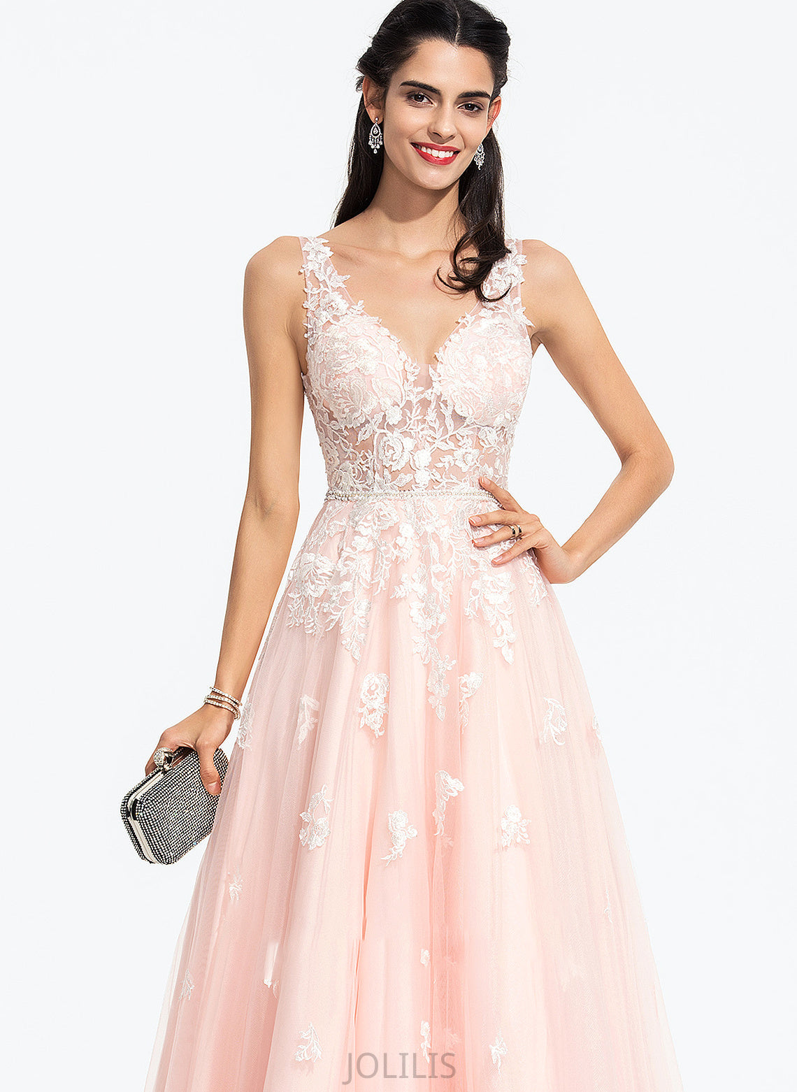 V-neck Tulle Ball-Gown/Princess Sequins With Beading Prom Dresses Floor-Length Maeve