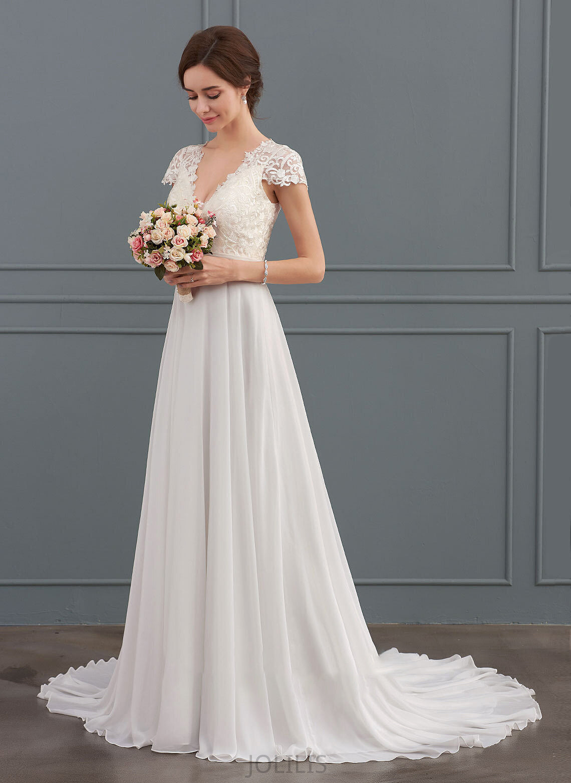 A-Line Ruffle V-neck Train Wedding Dresses Chiffon Wedding Jordan With Sweep Dress