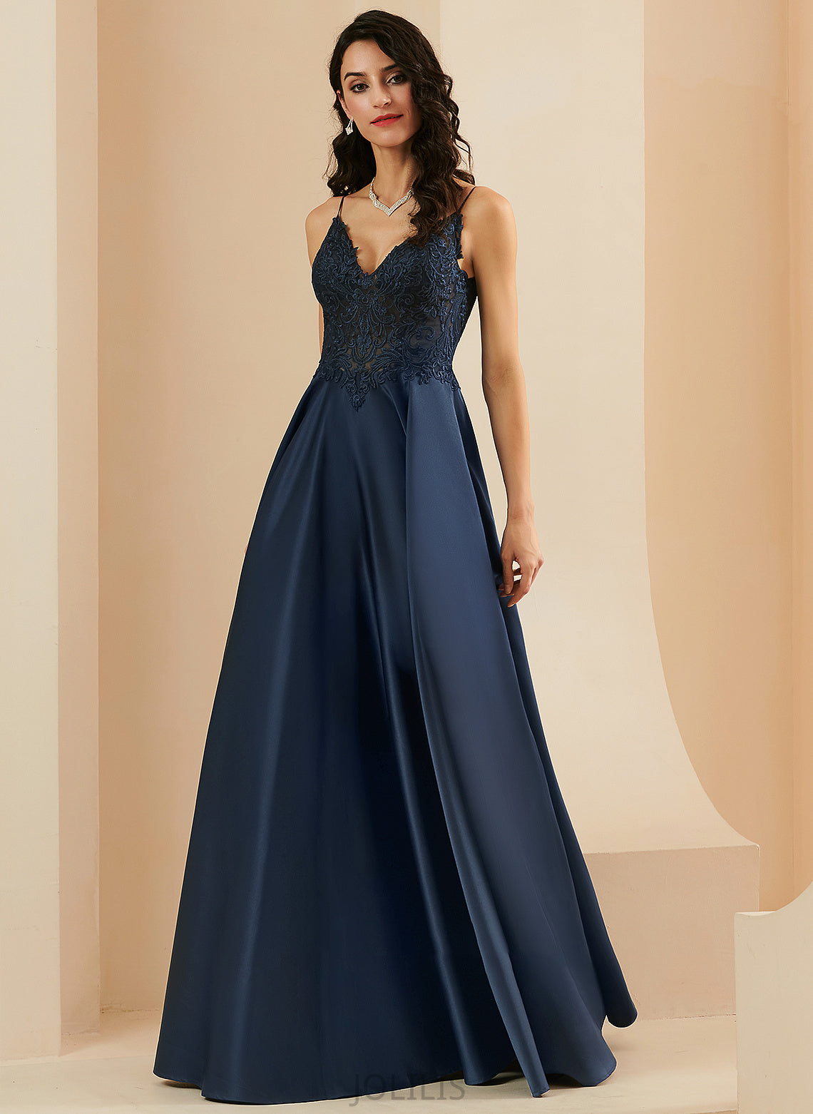 A-Line Prom Dresses Isis Satin With V-neck Floor-Length Lace