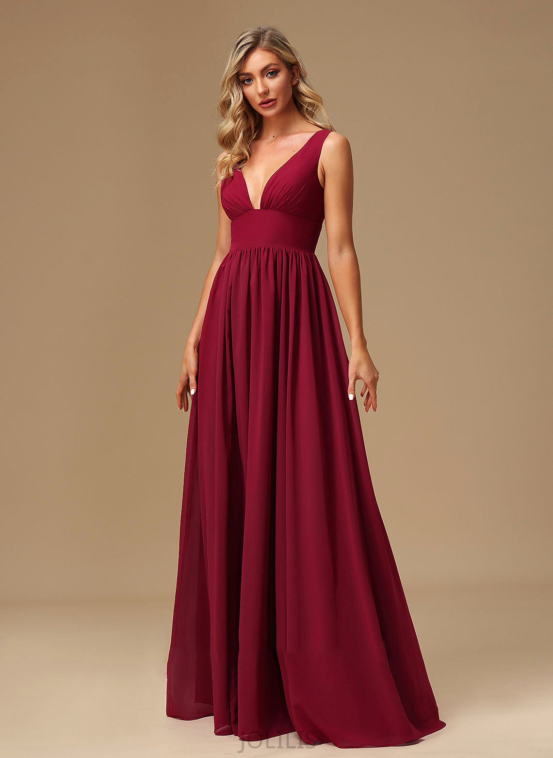 Fabric Neckline SplitFront Length Floor-Length Embellishment V-neck Silhouette A-Line Kadence Sleeveless A-Line/Princess Bridesmaid Dresses