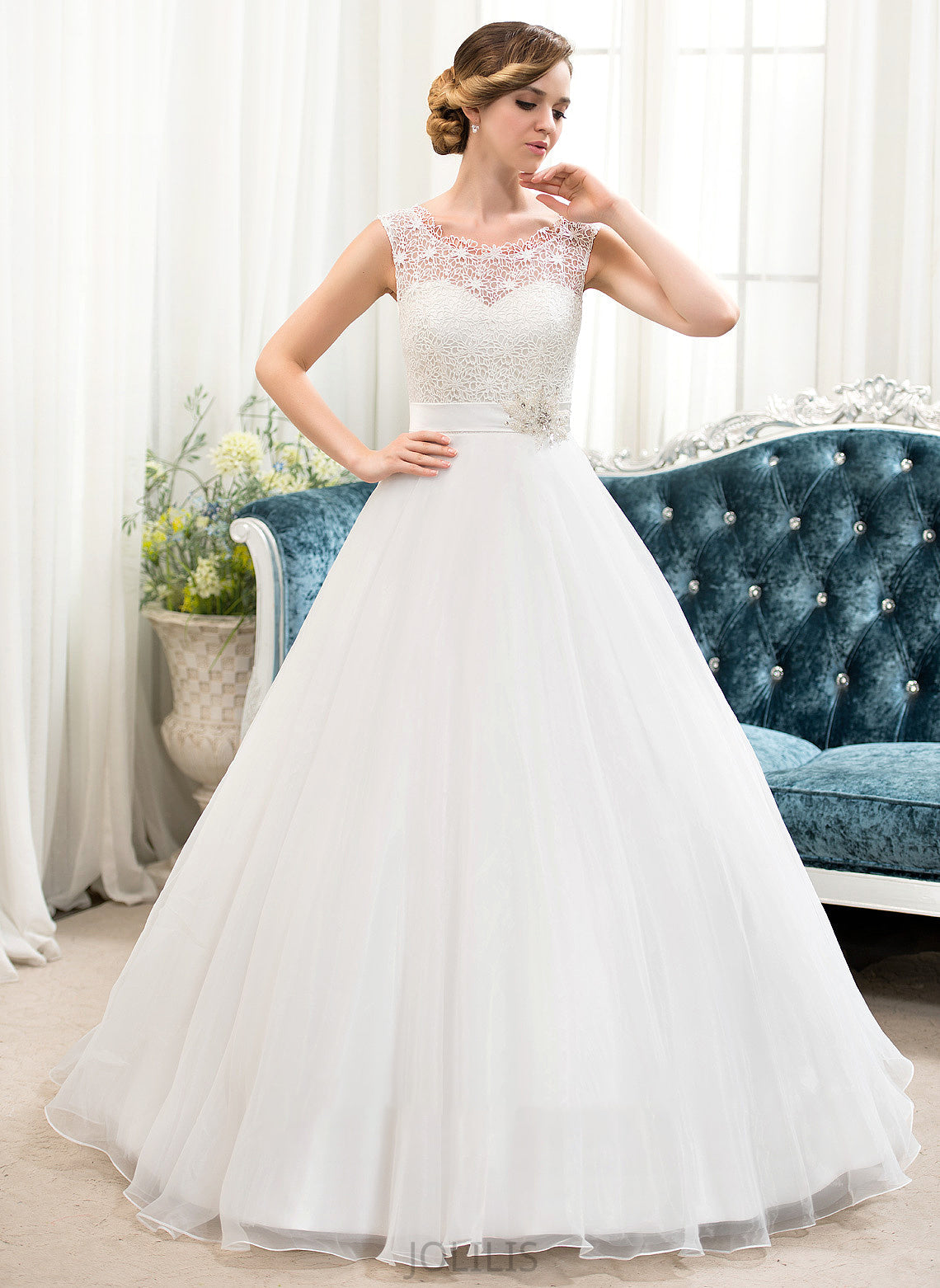 Sweep Mallory Train Scoop Neck Organza Ball-Gown/Princess Sequins Dress Wedding Lace Beading Wedding Dresses With