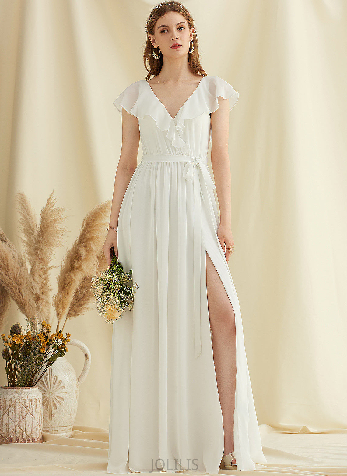 Wedding Front Wedding Dresses Floor-Length Ruffles Dress A-Line V-neck With Chiffon Split Gabrielle Cascading