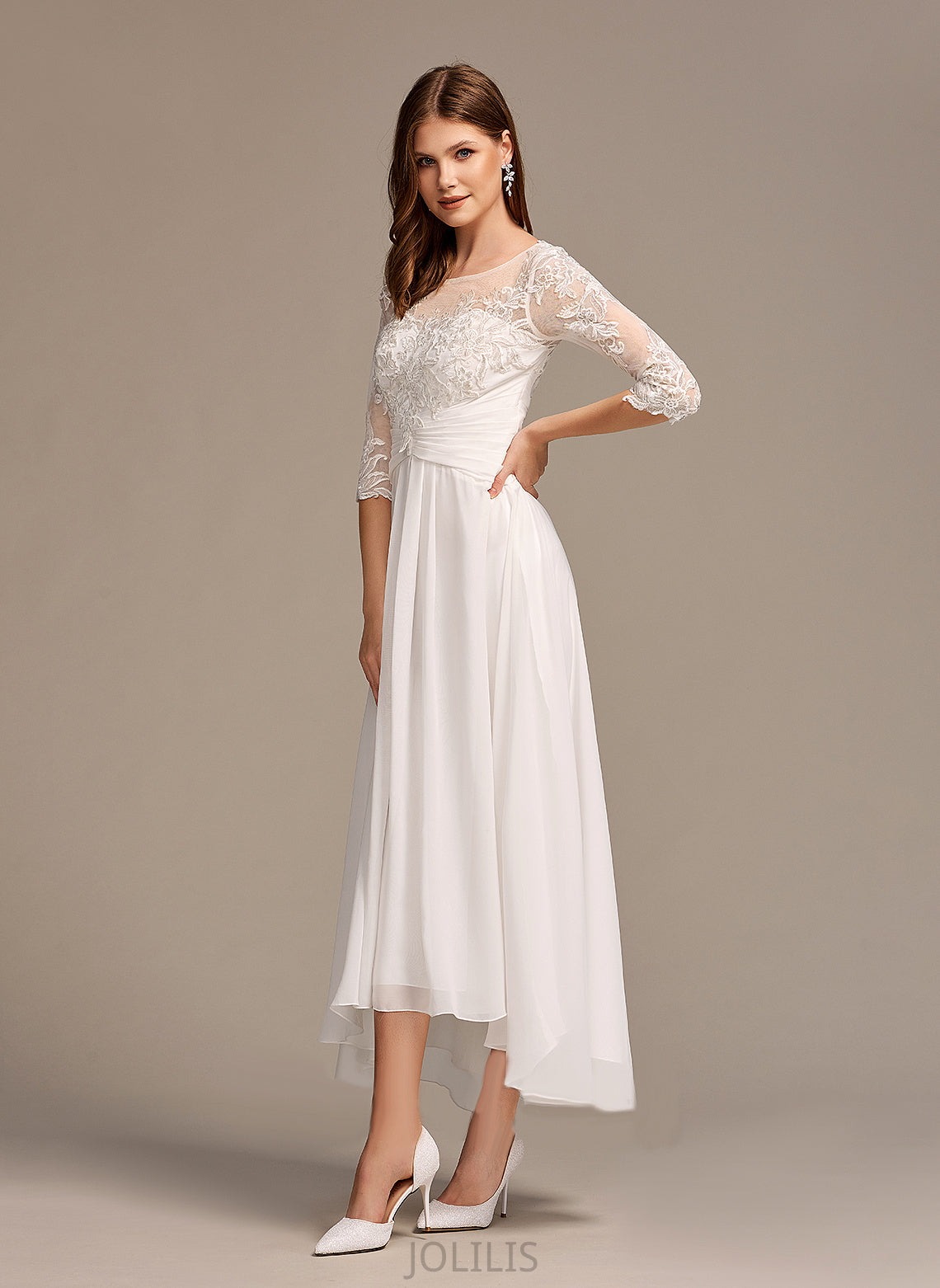 Wedding Dresses Cindy A-Line Illusion Wedding Asymmetrical Dress Chiffon With Lace