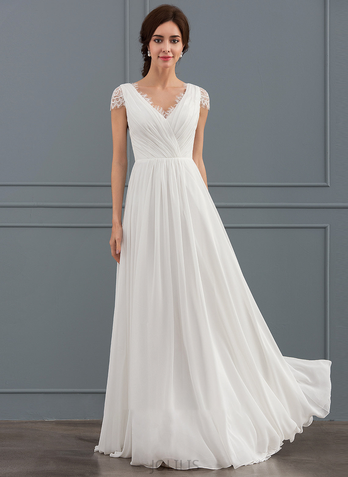 With Floor-Length Wedding Lace Wedding Dresses Jazlene Dress Ruffle Chiffon V-neck A-Line