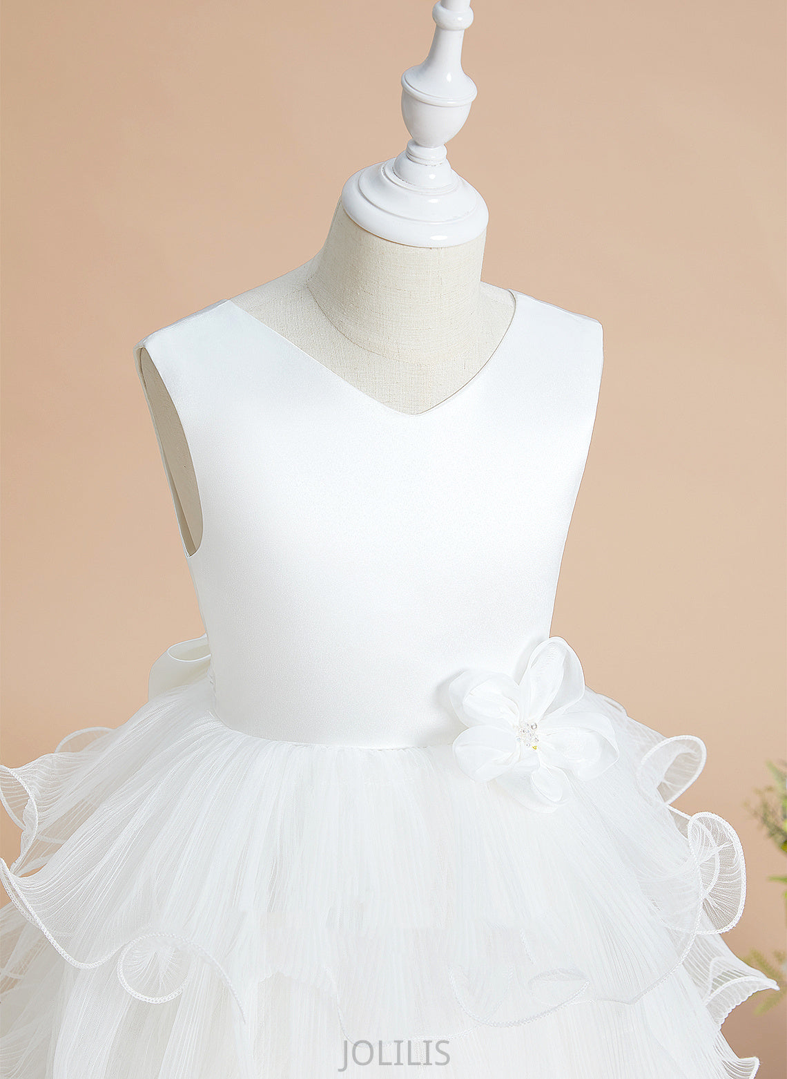 Satin/Tulle Sleeveless Tea-length Flower Girl Dresses Bow(s) Ball-Gown/Princess Girl Dress With - Flower Yuliana V-neck