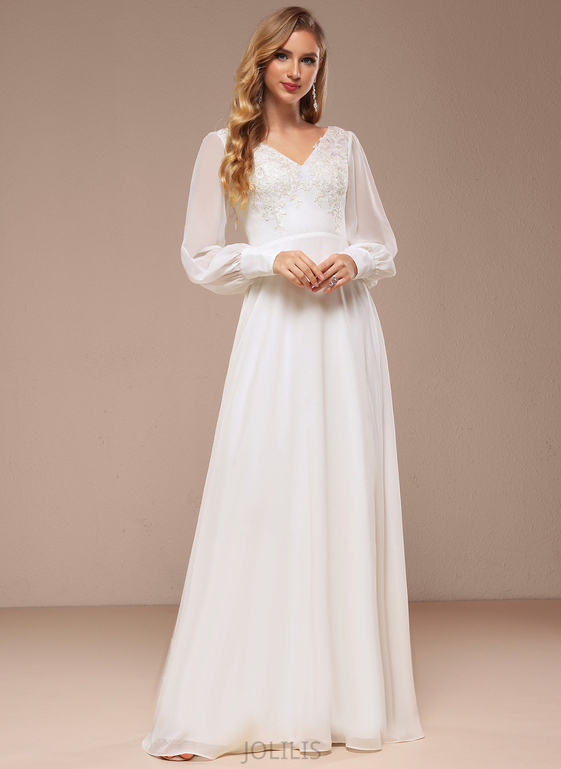 A-Line Floor-Length Wedding Dresses With Chiffon Dress Sequins Lace V-neck Wedding Helena