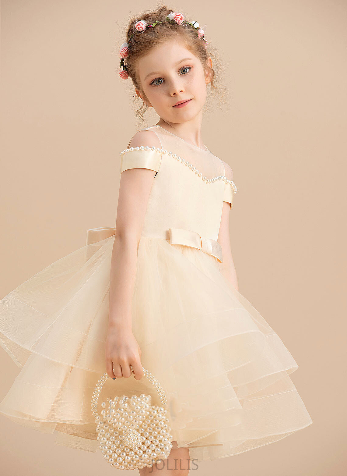 Ball-Gown/Princess Satin/Tulle With Scoop Flower Girl Dresses Flower Dress Beading/Bow(s) Sleeveless Knee-length - Madilynn Girl Neck