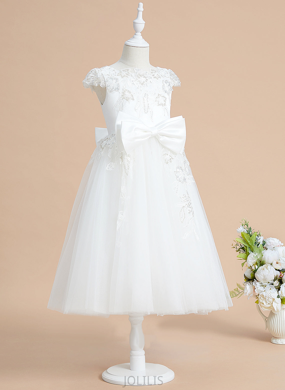 Scoop Flower Girl Dresses Sequins/Bow(s) Tulle/Lace Dress Hayden - With Neck Short Flower Sleeves A-Line Girl Tea-length