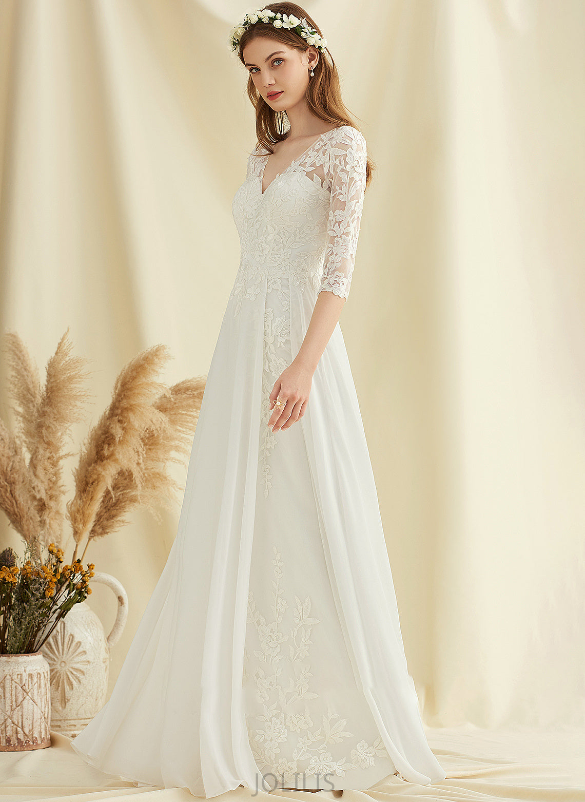 Wedding V-neck Kenzie Floor-Length Wedding Dresses Chiffon Dress Lace A-Line