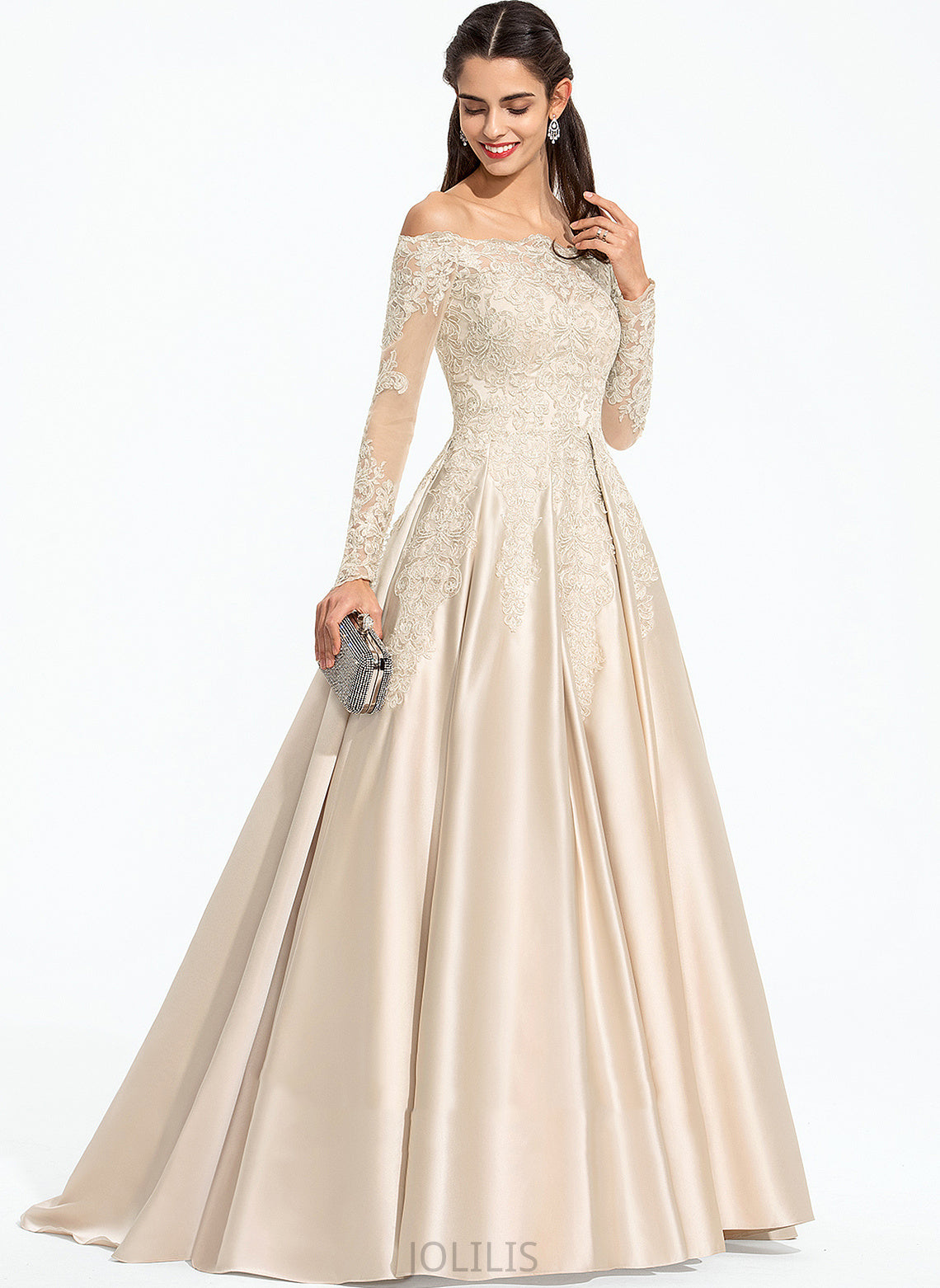 Lace Ball-Gown/Princess Sequins Satin Prom Dresses Train Off-the-Shoulder With Sweep Ada