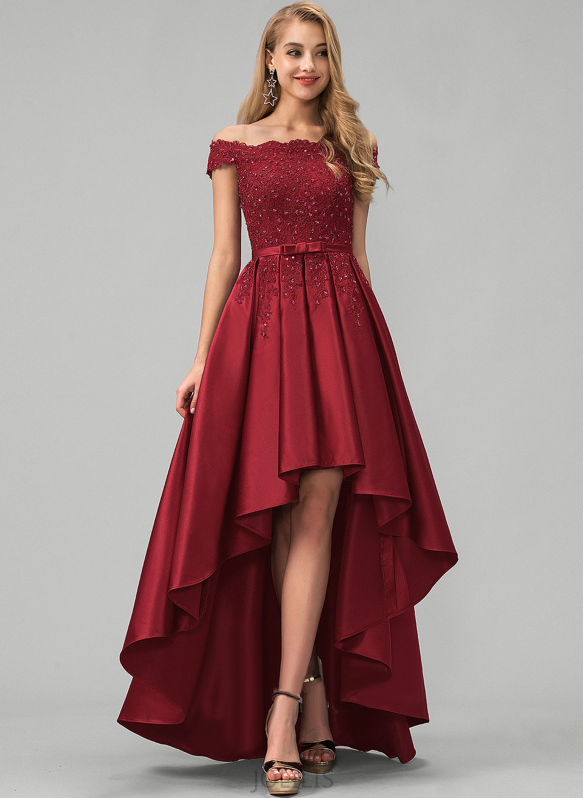 With Ball-Gown/Princess Bow(s) Teresa Sequins Asymmetrical Beading Prom Dresses Off-the-Shoulder Satin