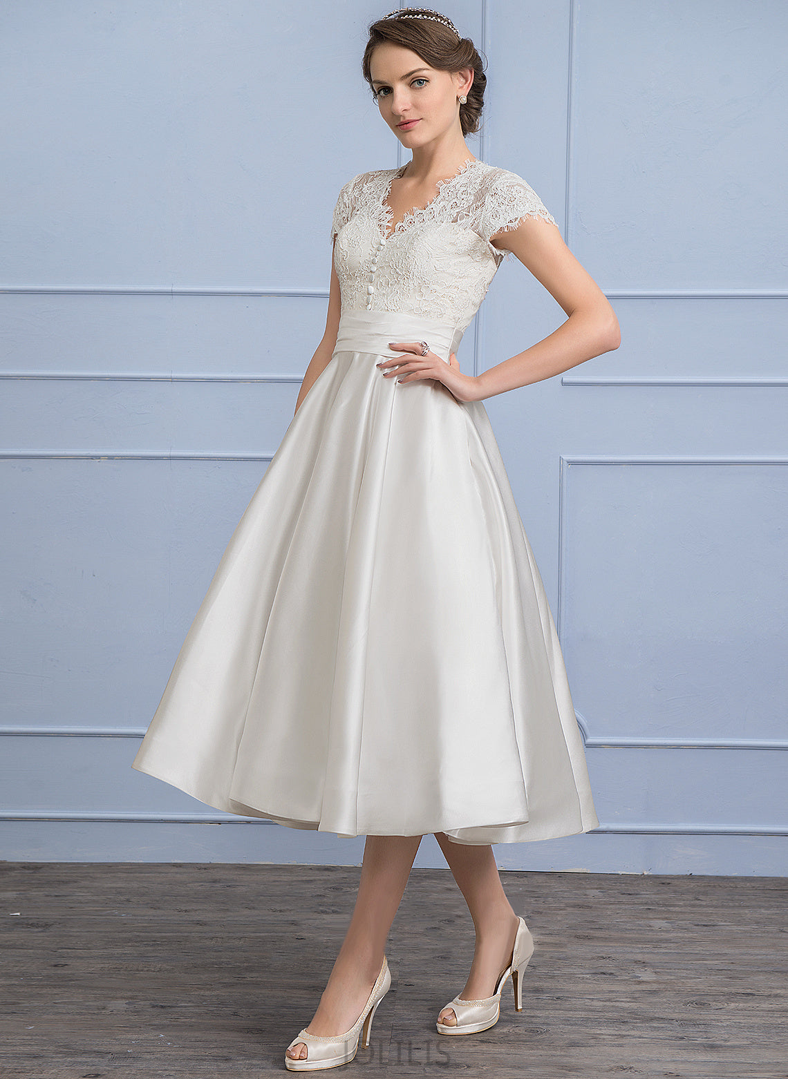 Dress Ruffle Margery A-Line Satin V-neck With Tea-Length Wedding Lace Wedding Dresses