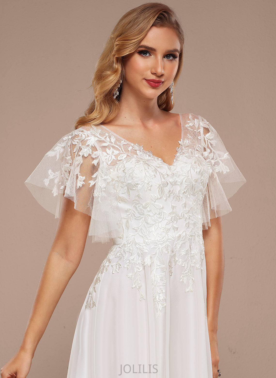 Lace With Tulle Wedding Dresses A-Line Dulce Dress Wedding Asymmetrical Ruffle V-neck