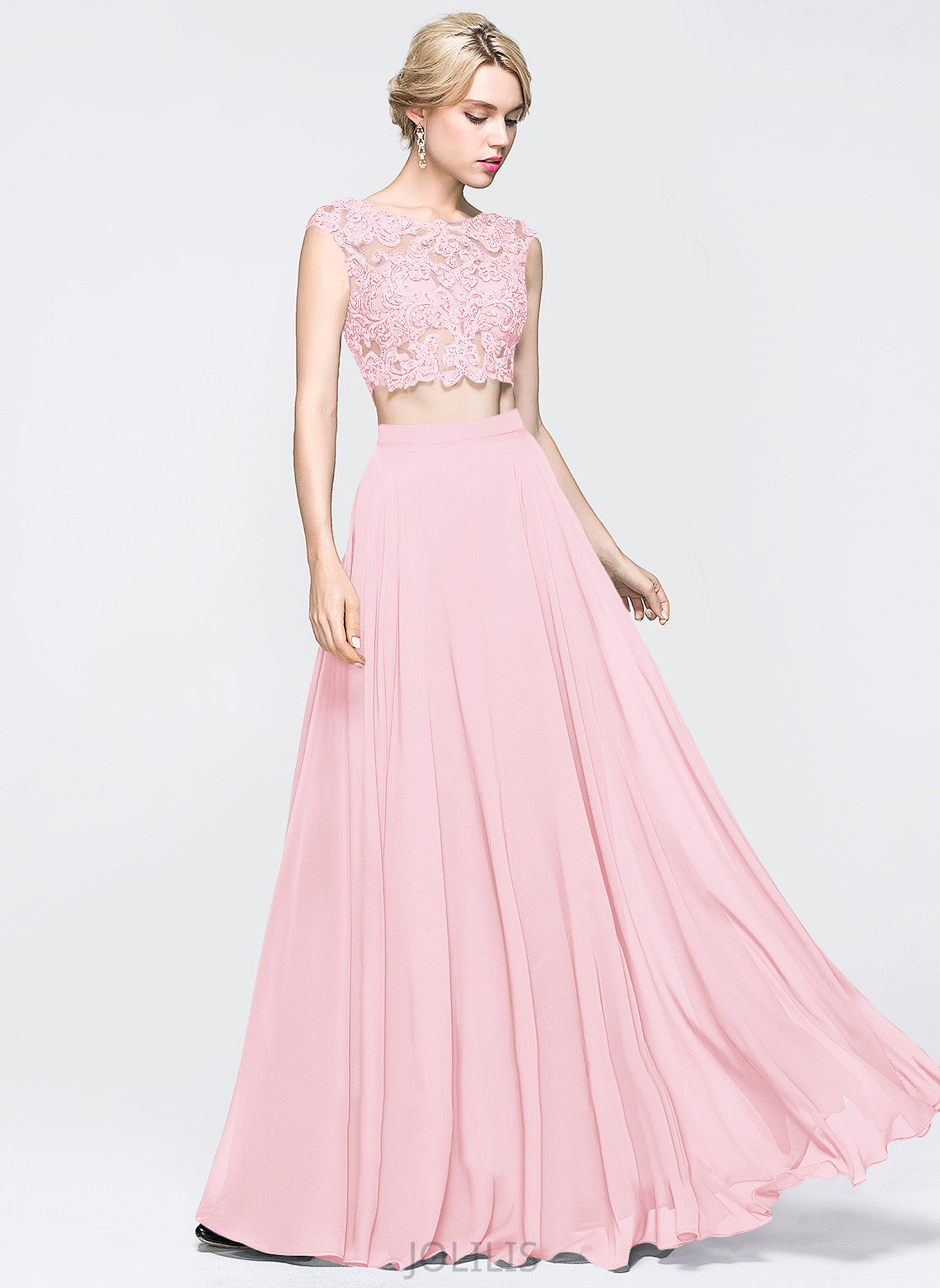 Wendy Lace Sequins Floor-Length Prom Dresses A-Line Scoop With Chiffon Beading