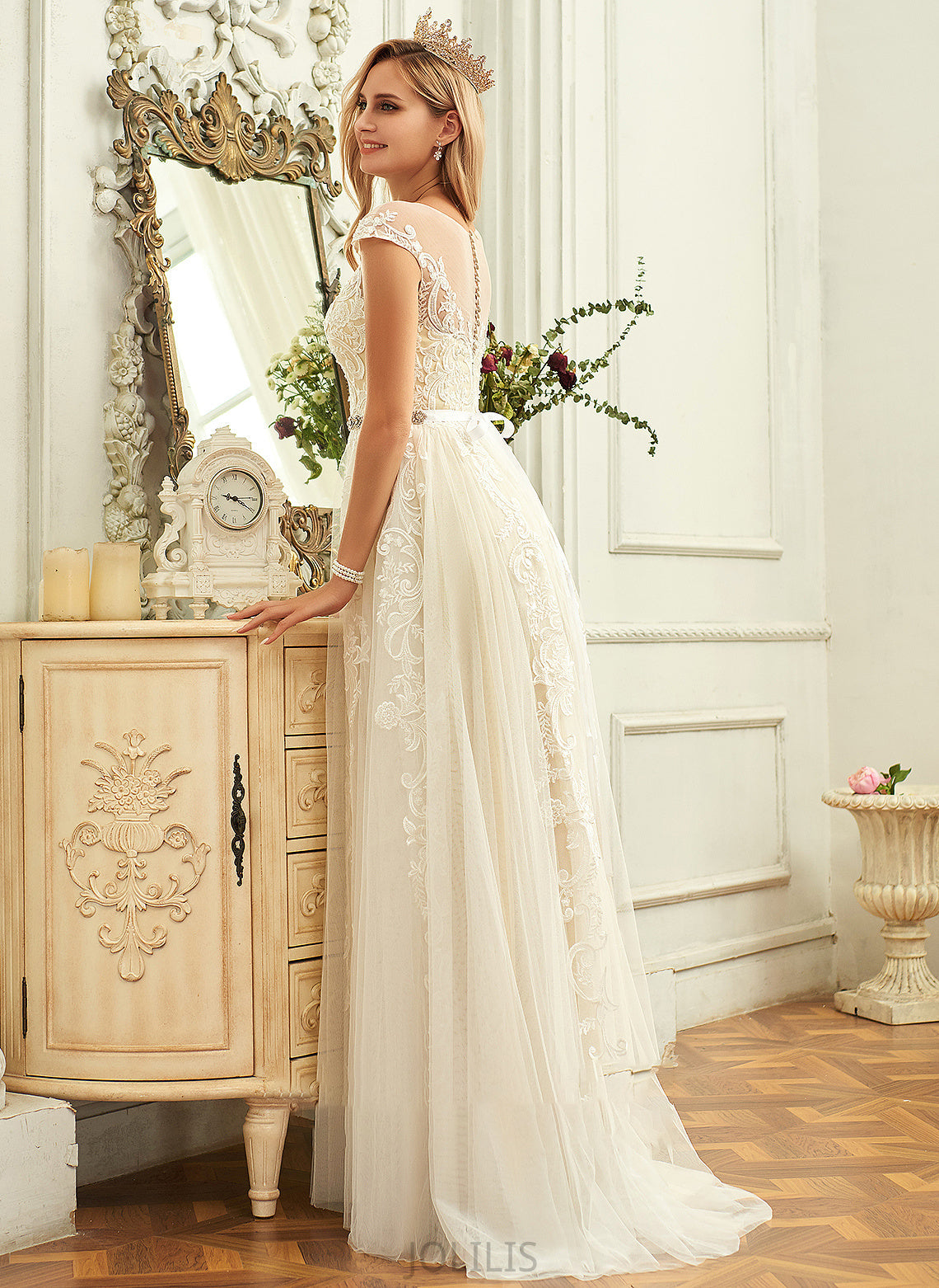 With Train Lace Mariah Tulle Ruffle Lace Scoop Sweep Wedding Dresses Neck A-Line Dress Wedding