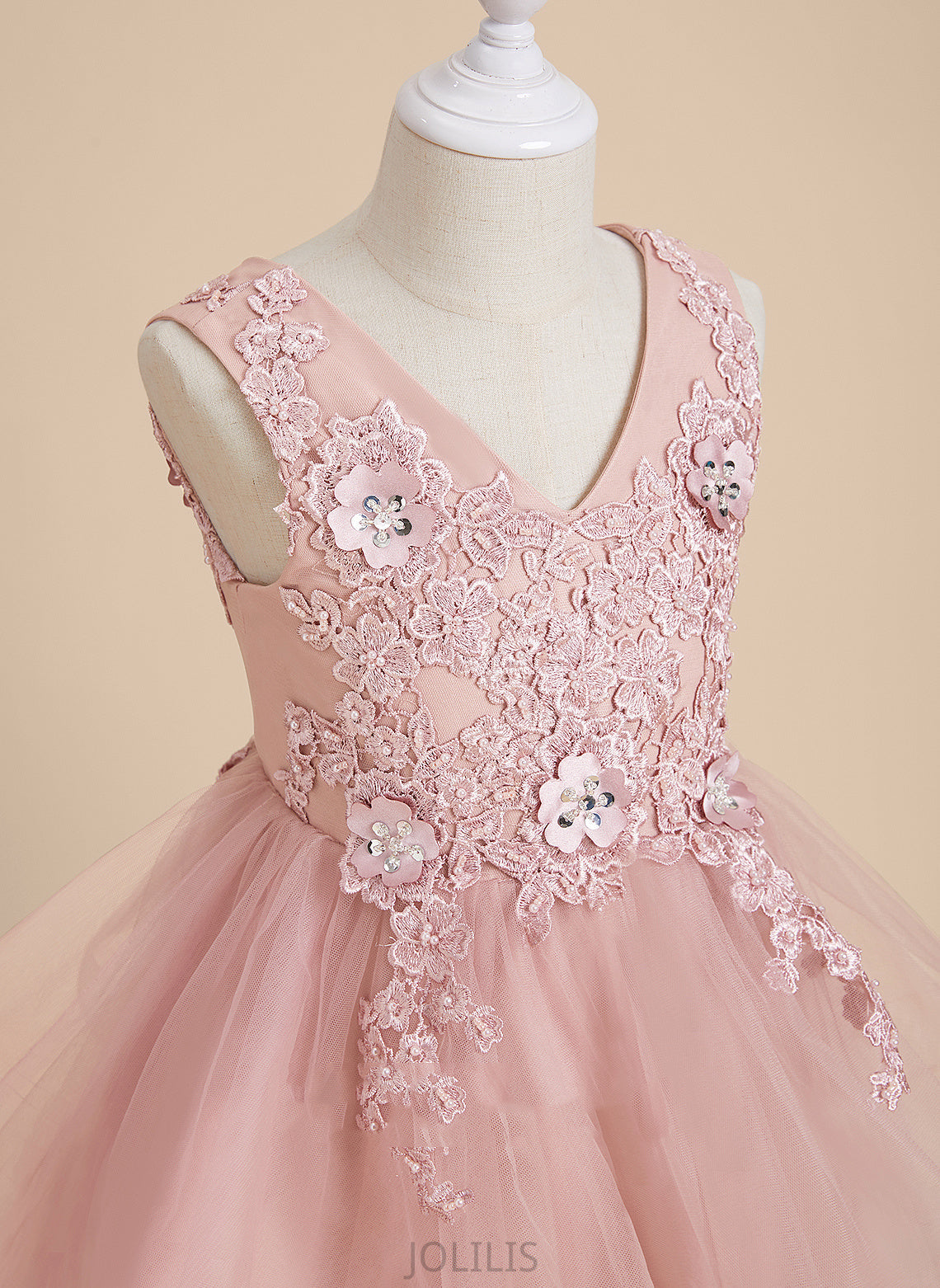 Dress V-neck Sleeveless Flower A-Line Knee-length Teresa Tulle/Lace - Flower Girl Dresses Girl Beading/Flower(s)/Sequins With