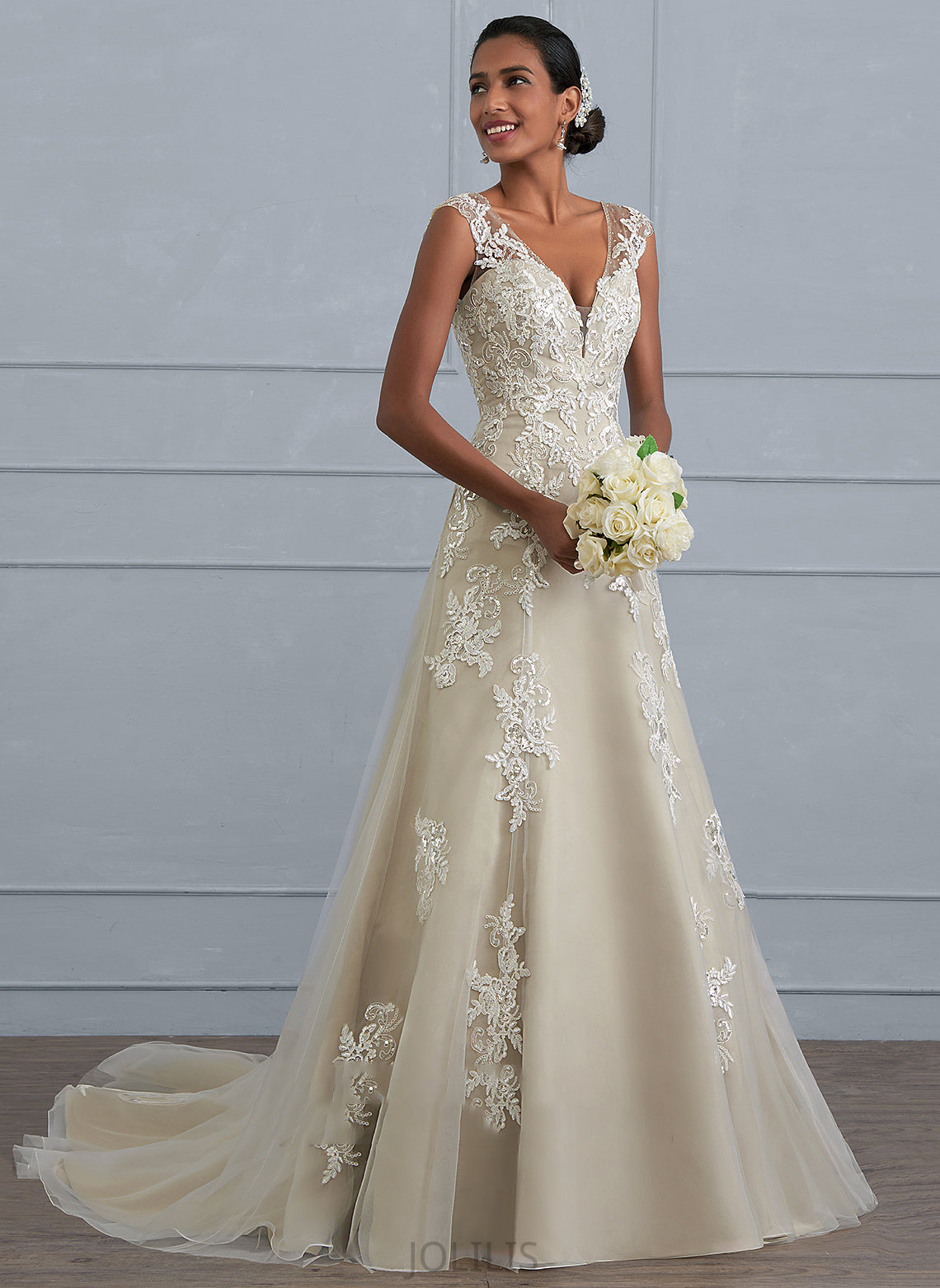 A-Line Sequins Court Train Jayda Dress V-neck Beading With Wedding Dresses Wedding Tulle Lace