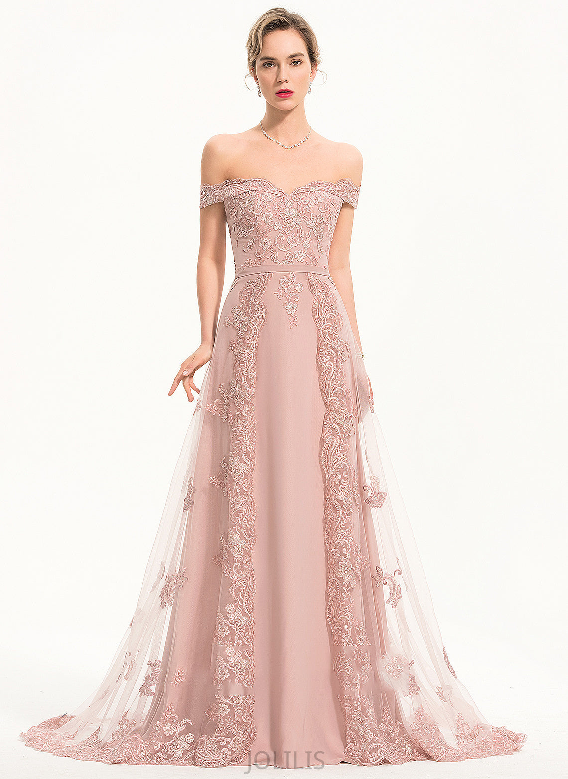 A-Line Off-the-Shoulder Briana With Sequins Train Tulle Chiffon Sweep Prom Dresses