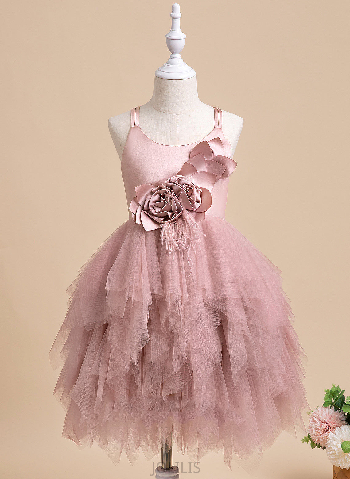 Ball-Gown/Princess Tulle With Scalloped Feather/Flower(s) - Neck Sleeveless Dress Flower Flower Girl Dresses Yasmine Knee-length Girl