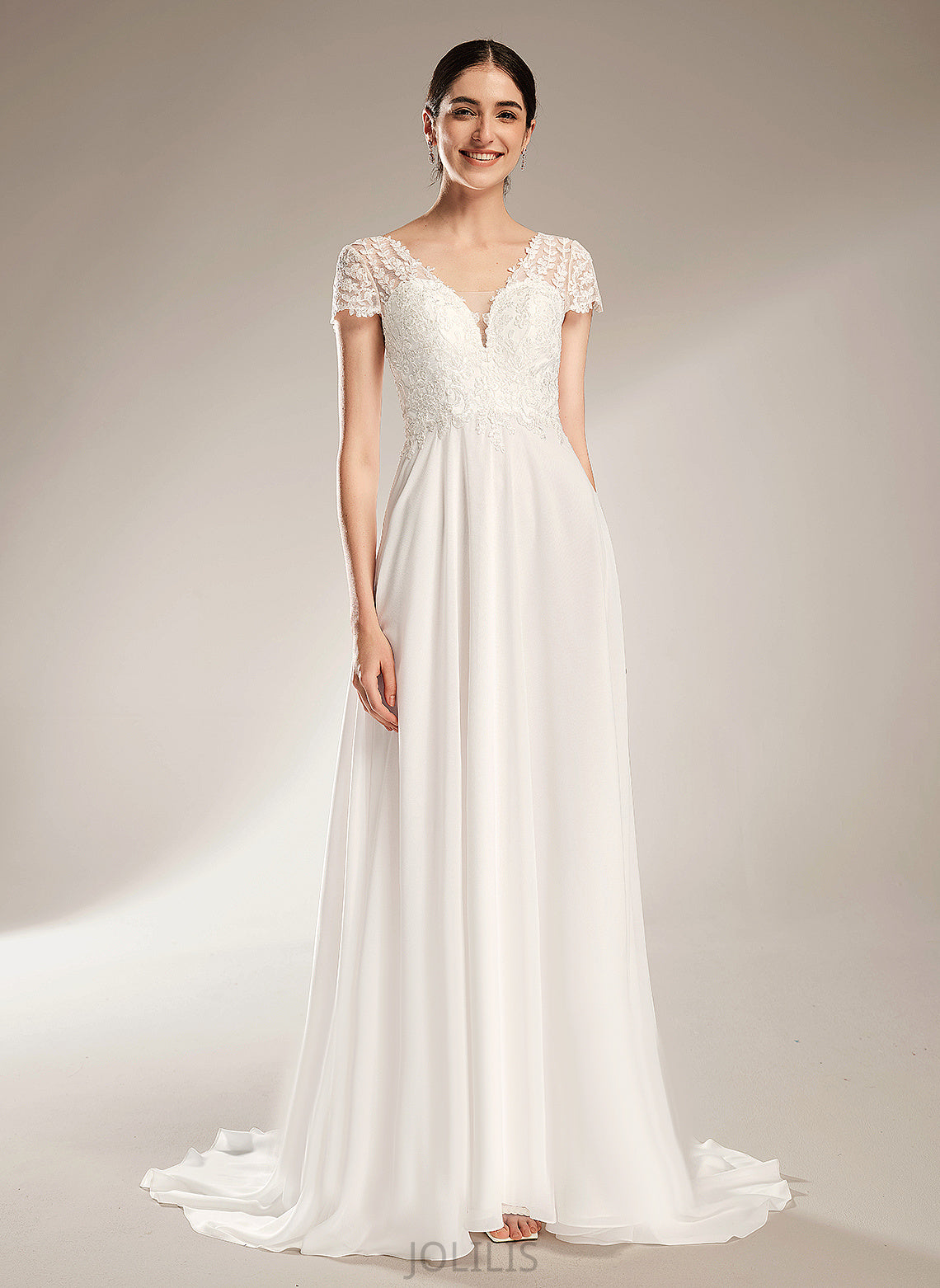 Finley A-Line Train Court V-neck Chiffon With Dress Bow(s) Wedding Wedding Dresses Lace