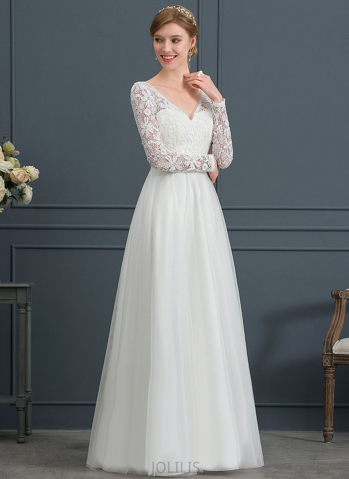 June V-neck Floor-Length Dress A-Line Tulle Lace Wedding Dresses Wedding