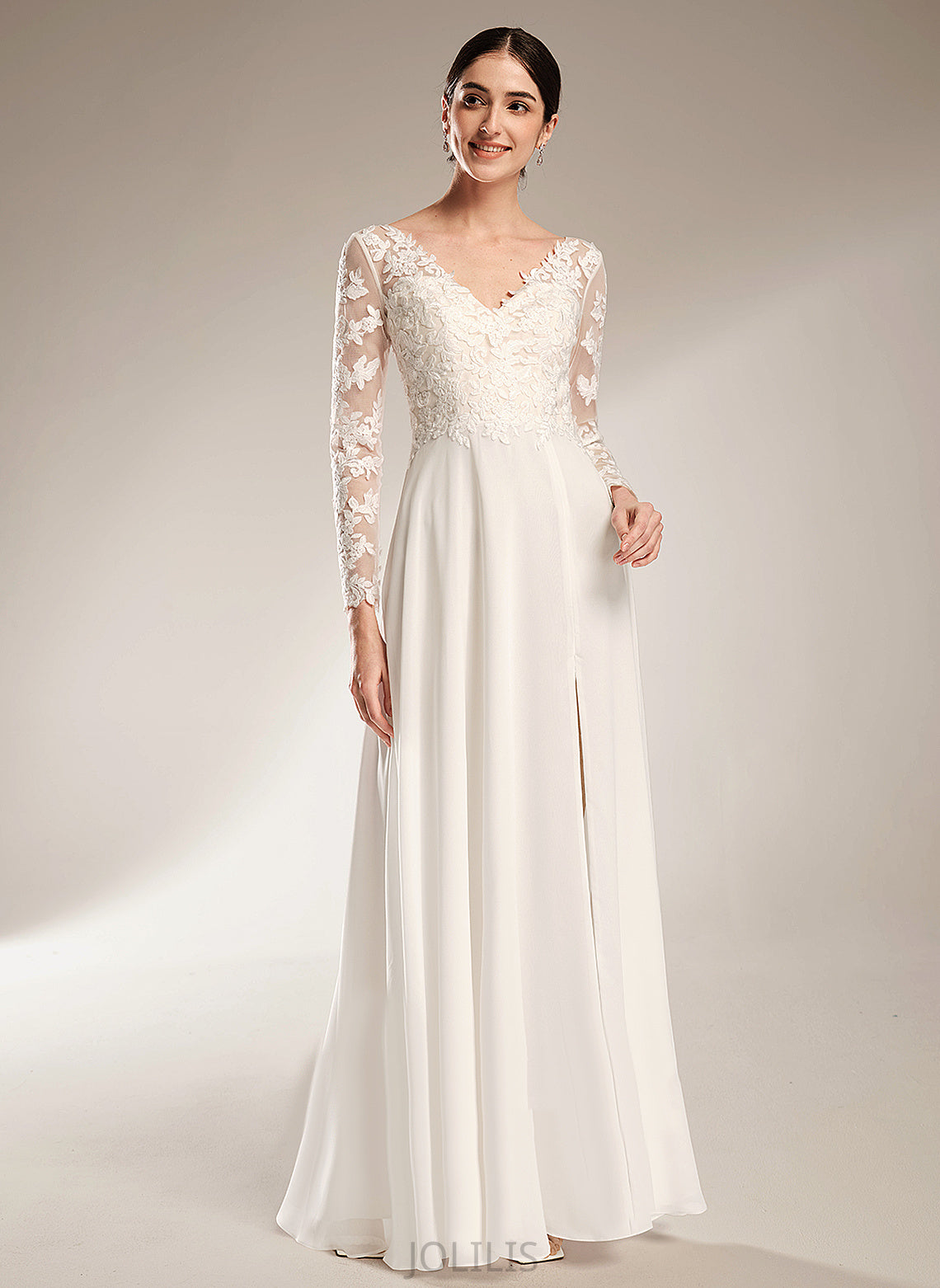 Wedding Dresses Split A-Line Lace V-neck Front Wedding Addyson With Floor-Length Chiffon Dress