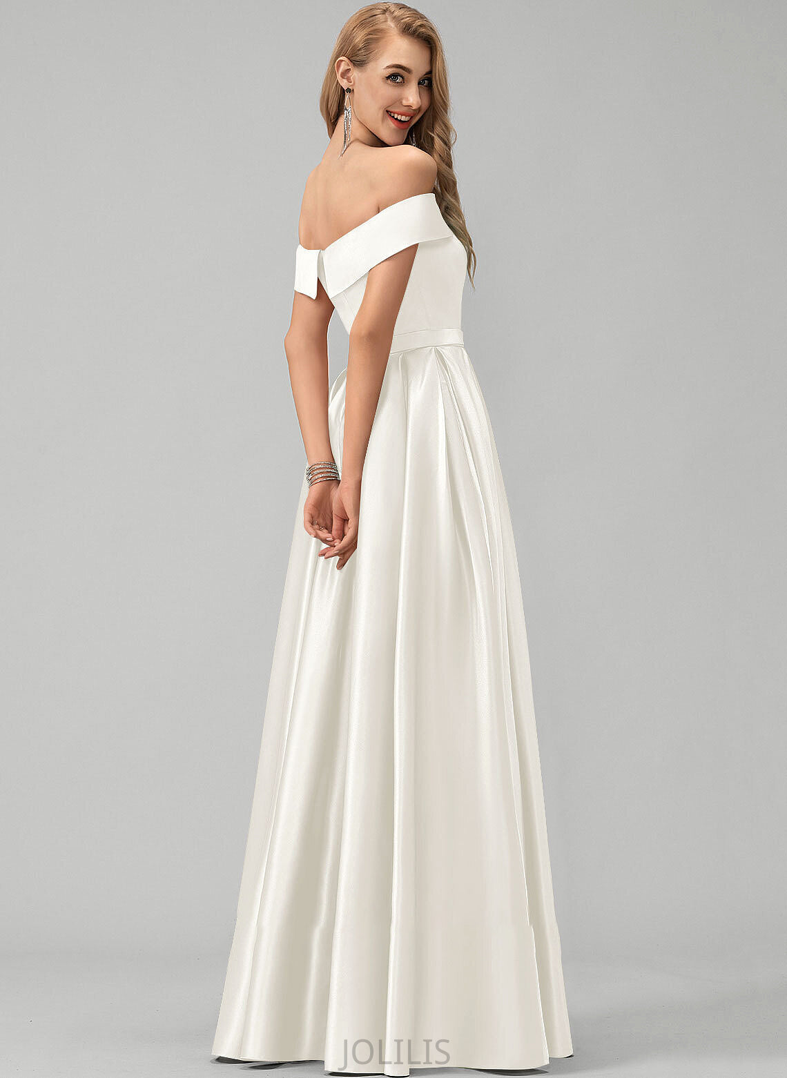 Wedding Dresses With Off-the-Shoulder Dress Ball-Gown/Princess Wedding Pockets Floor-Length Front Split Satin Adriana