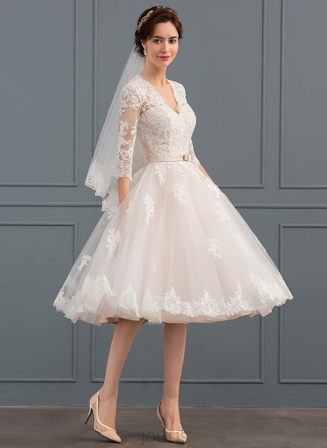 Tulle Wedding Dresses With Dress Wedding V-neck Diamond Knee-Length A-Line Bow(s)