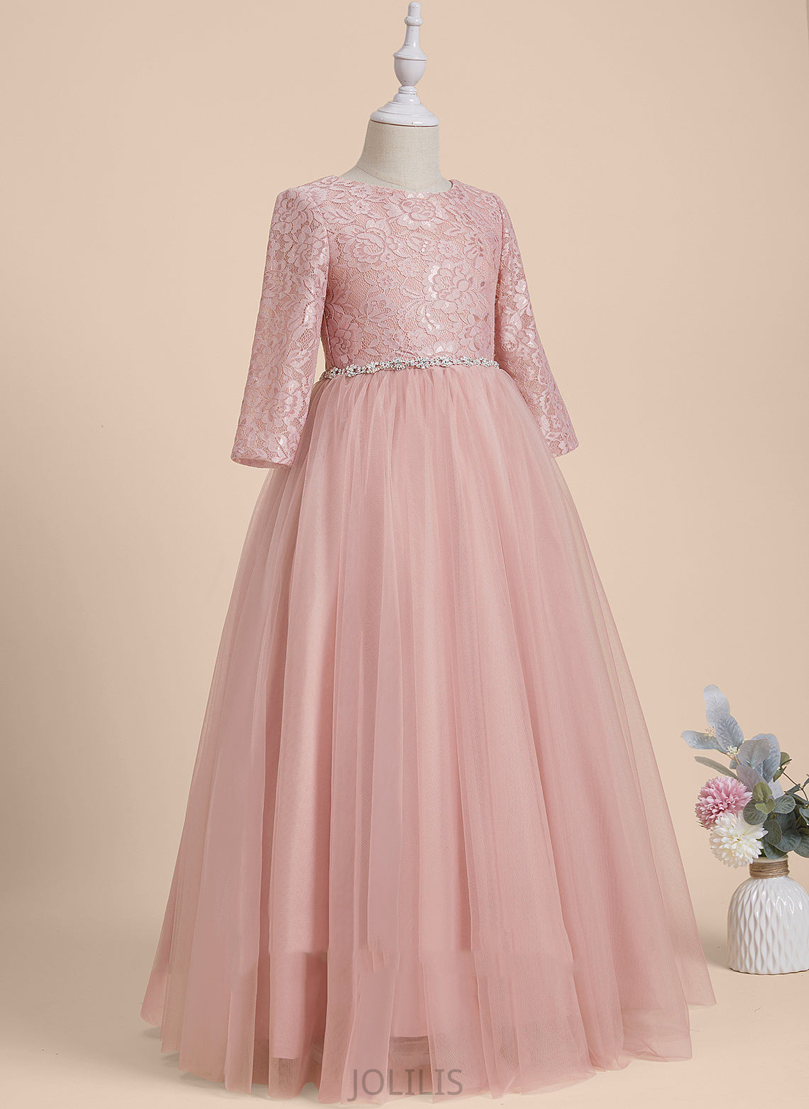 Girl Flower Girl Dresses Long Neck Dress Floor-length With Back A-Line Tulle - Ursula Flower Scoop Beading/V Sleeves