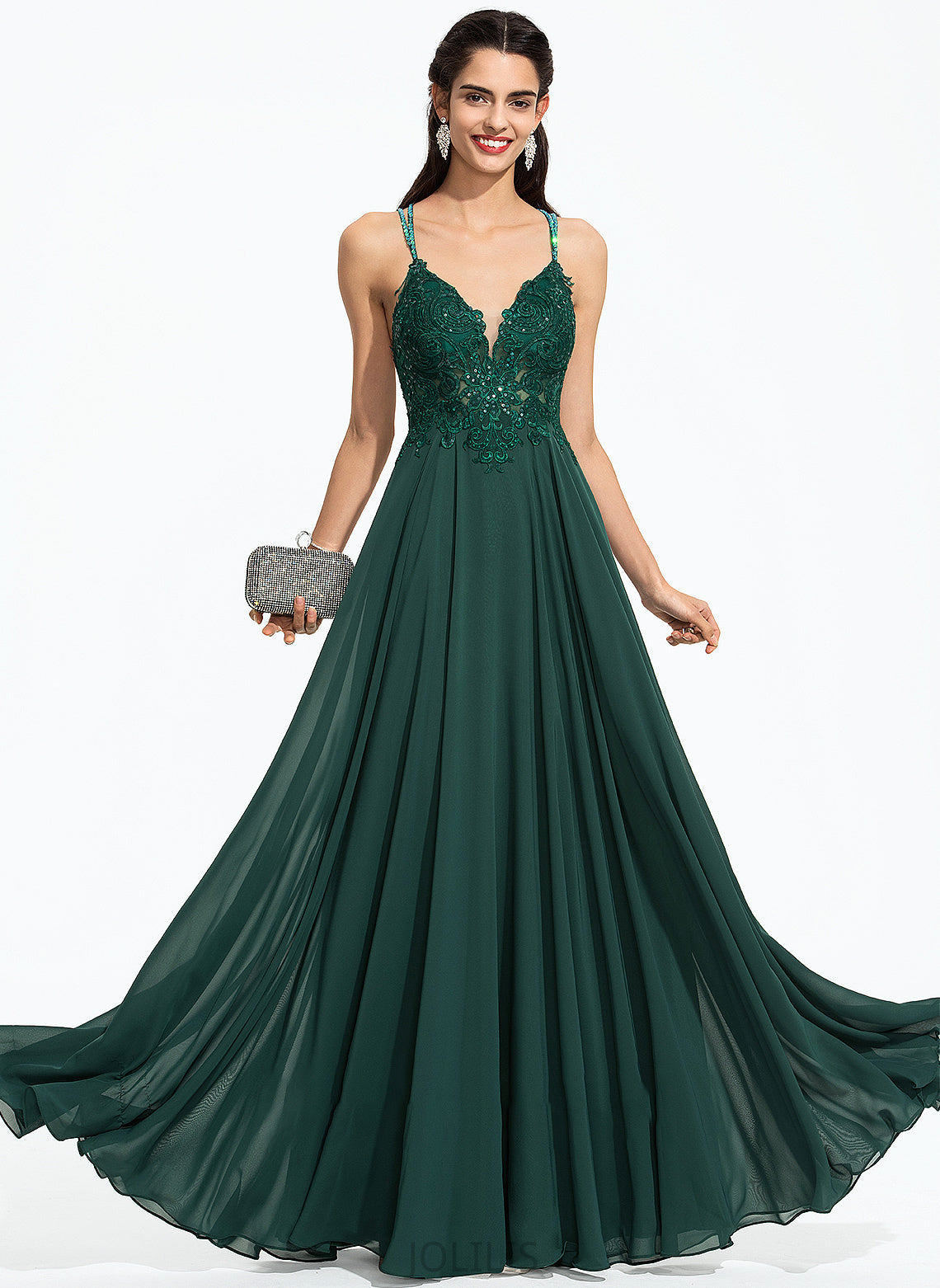 A-Line Sequins Prom Dresses Noemi Floor-Length Chiffon With Beading V-neck