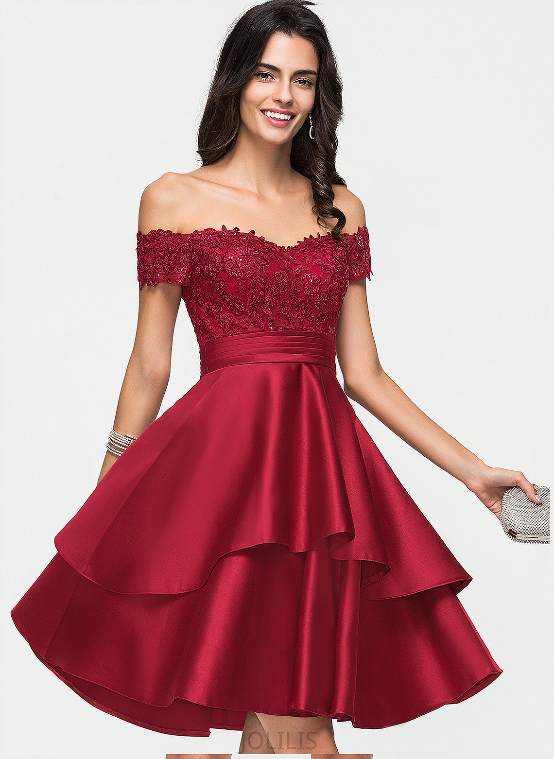 Off-the-Shoulder Abbigail Knee-Length Lace Dress Satin A-Line Homecoming Dresses With Sequins Homecoming