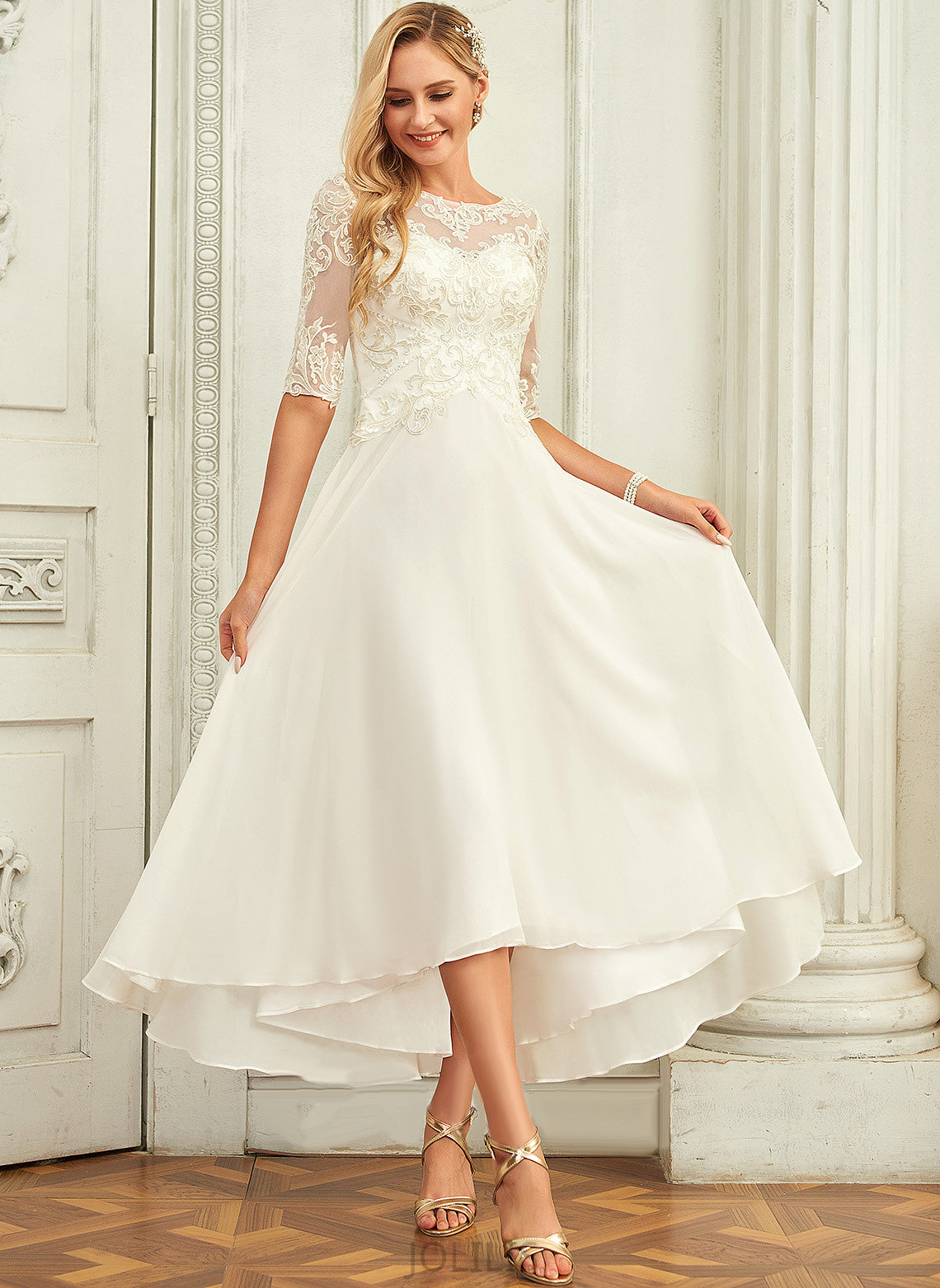 Cristal Dress Lace Sequins Wedding Dresses Neck Asymmetrical A-Line Wedding Beading With Scoop Chiffon