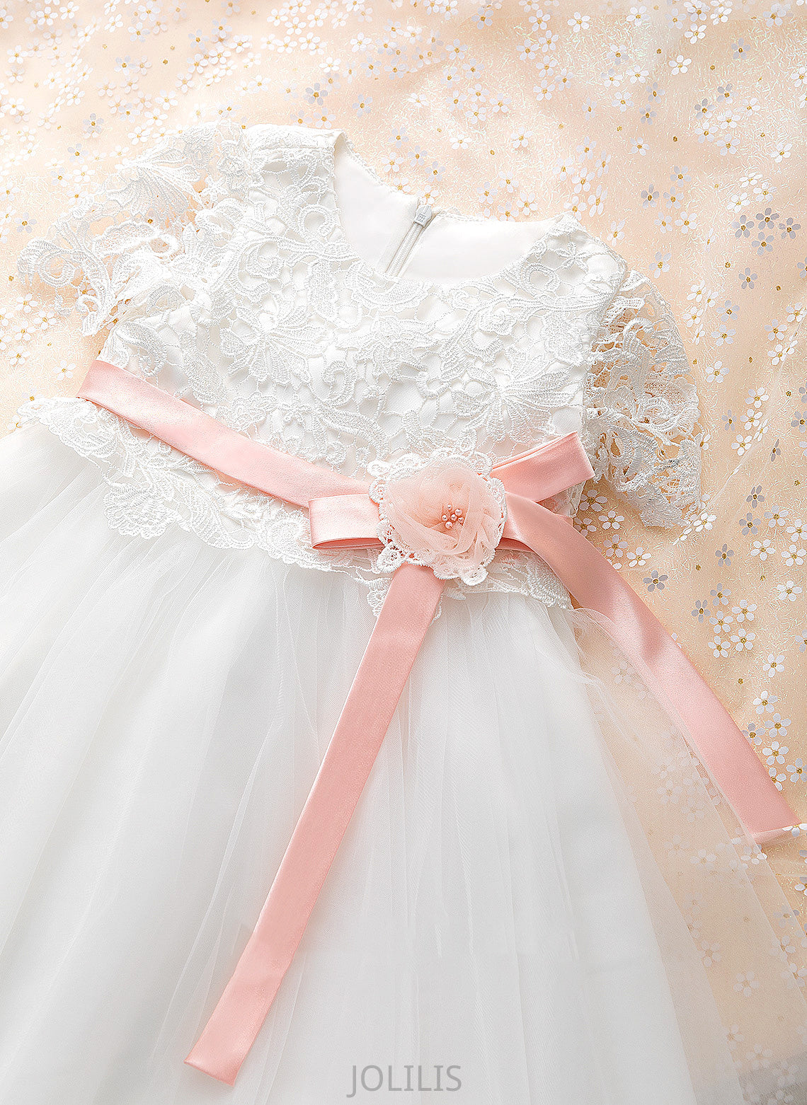 Scoop Karen Sleeves Knee-length Tulle/Lace With Neck Flower Girl Flower Girl Dresses Sash/Flower(s) - A-Line Short Dress