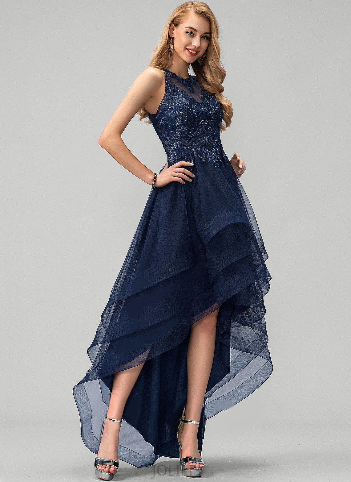 Lace Tulle Beading Asymmetrical With Sequins Angeline Scoop Neck Ball-Gown/Princess Prom Dresses