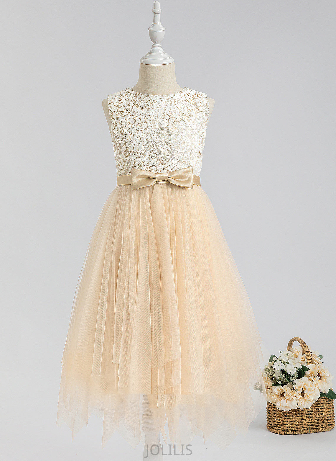 Neck A-Line Scalloped - Lace/Bow(s) With Tea-length Tulle Flower Girl Dresses Lucile Flower Girl Sleeveless Dress