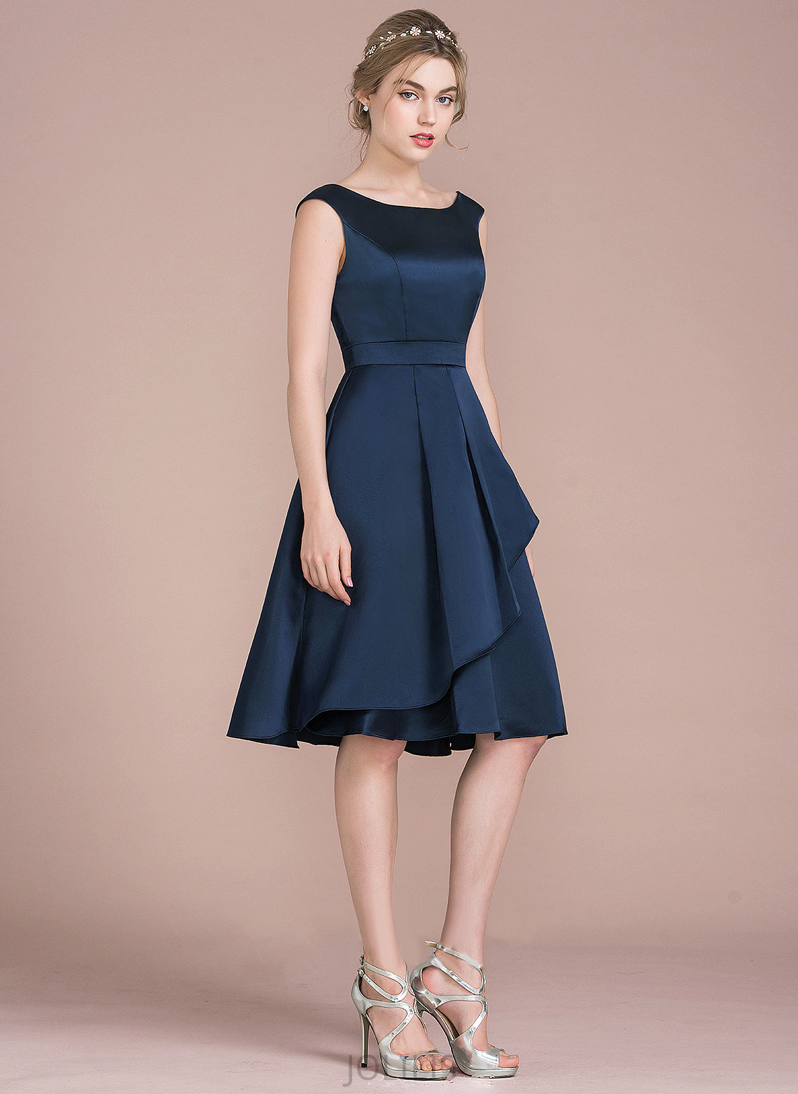 With Neck Satin Lilliana Homecoming Cascading Ruffles Dress Homecoming Dresses A-Line Scoop Knee-Length