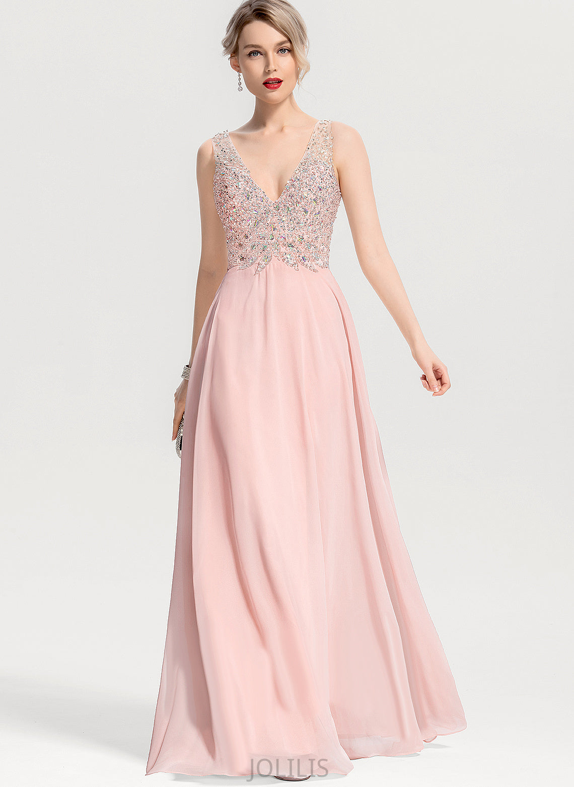 With A-Line Sequins Floor-Length Chiffon Jazlene Beading Prom Dresses V-neck