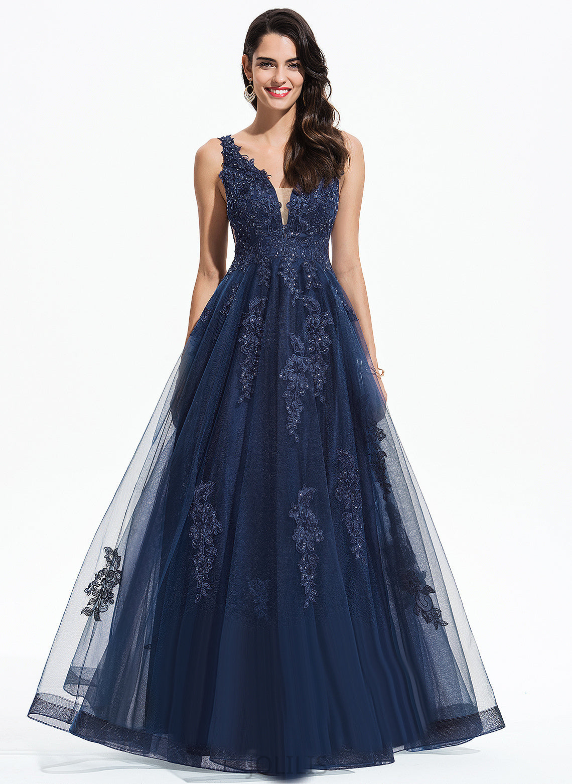 Sequins Floor-Length Tulle A-Line Emelia Prom Dresses With V-neck