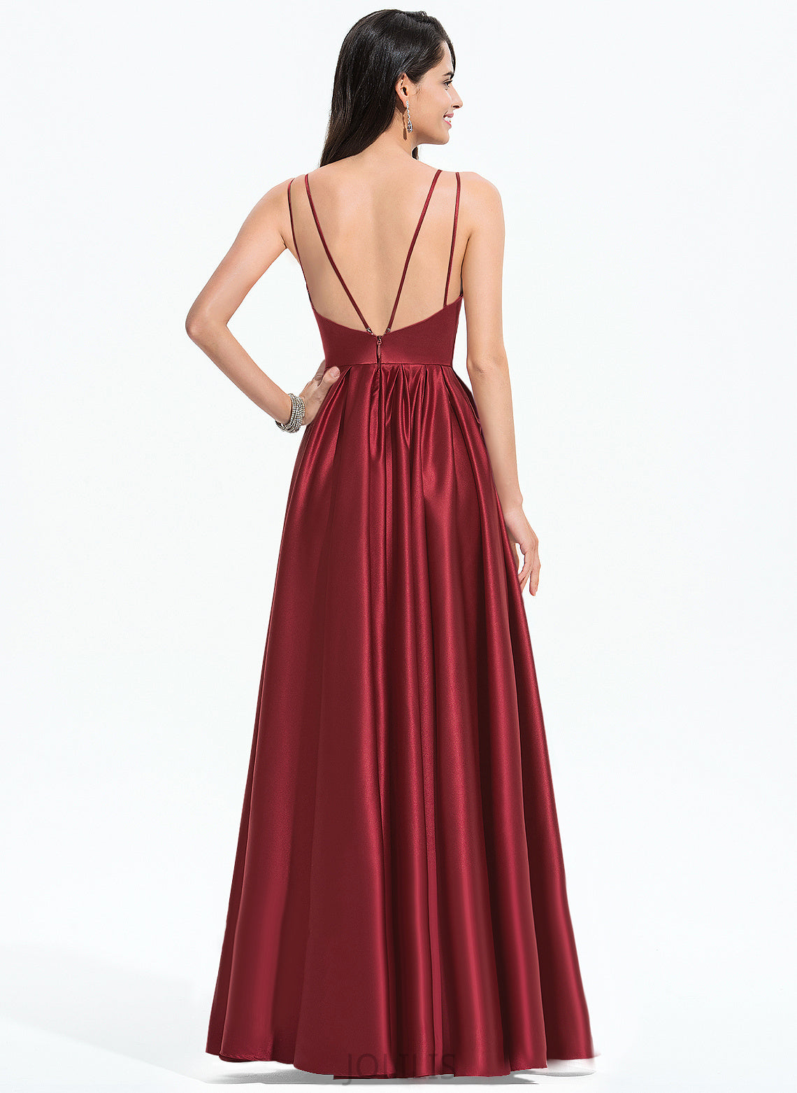 V-neck Floor-Length Jewel Ruffle With Prom Dresses A-Line Satin