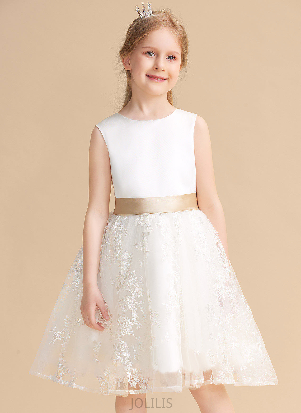 Sleeveless Dress Elaine With - Flower Sash Flower Girl Dresses Neck Knee-length Scoop A-Line/Princess Girl Satin/Lace