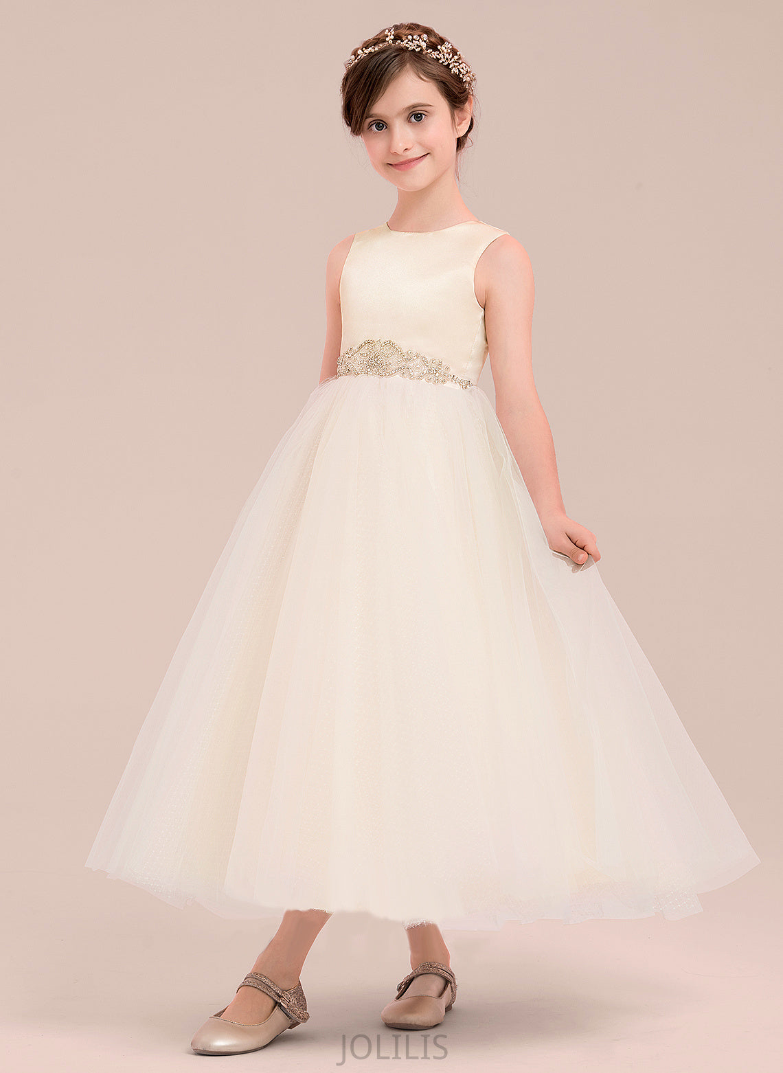 '- Mandy Scoop Beading Satin/Tulle Ankle-length With Girl Flower Girl Dresses Dress Sleeveless Flower A-Line Neck