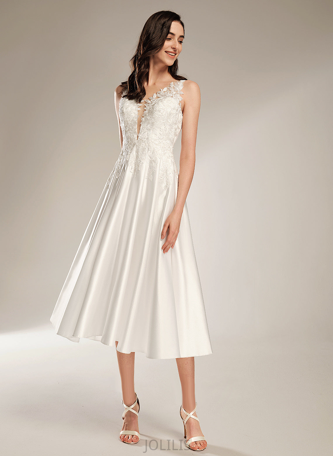 A-Line With V-neck Raquel Wedding Tea-Length Pockets Dress Wedding Dresses Satin Lace