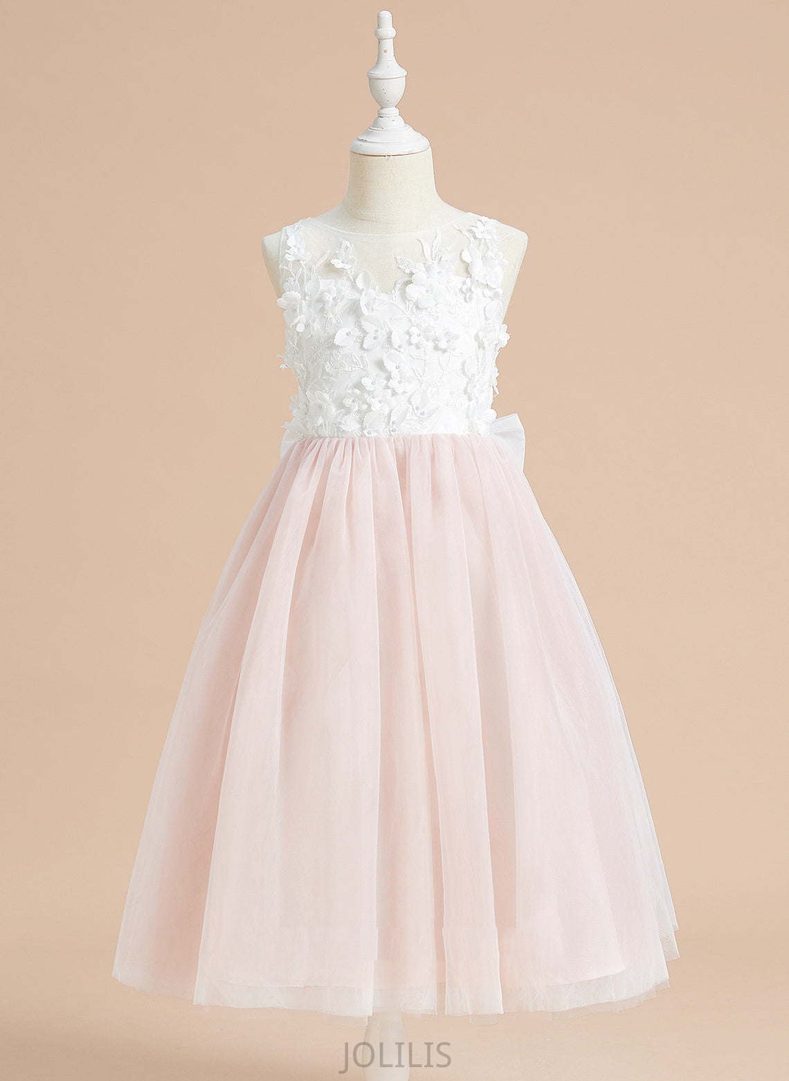 Tulle - Sleeveless Flower Girl Dresses Flower Valery Neck A-Line Scoop With Lace/Flower(s)/Bow(s) Tea-length Girl Dress